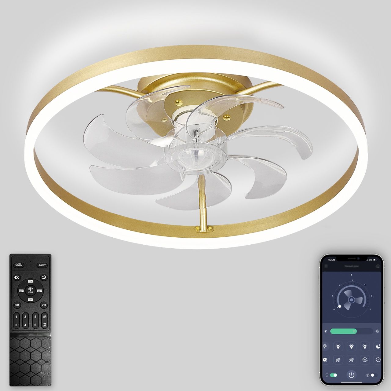 Светодиодная люстра нимб с вентилятором, пультом ДУ 80W, золото Natali Kovaltseva LED LAMPS 81491