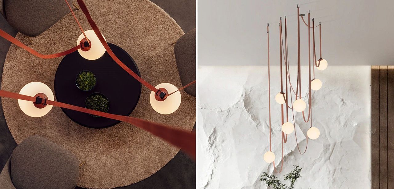 Vibia PLUSMINUS Серия подвесных светильников с белыми шарообразными плафонами из стекла на красных т