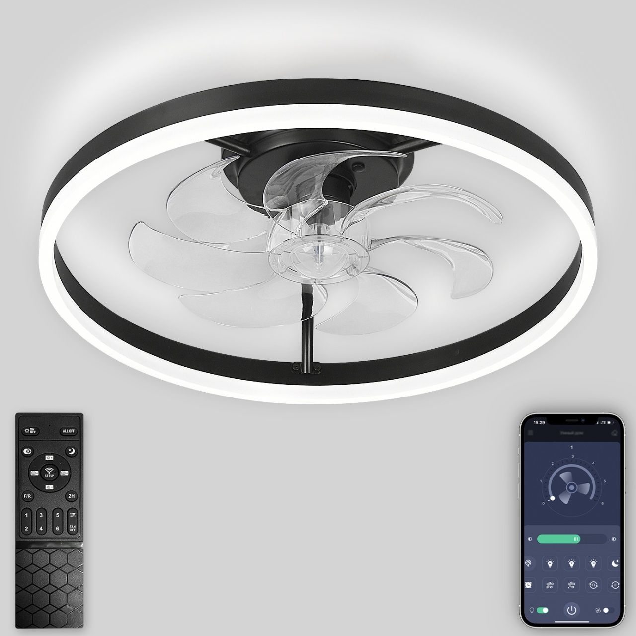 Светодиодная люстра нимб с вентилятором, пультом ДУ 80W, черная Natali Kovaltseva LED LAMPS 81490